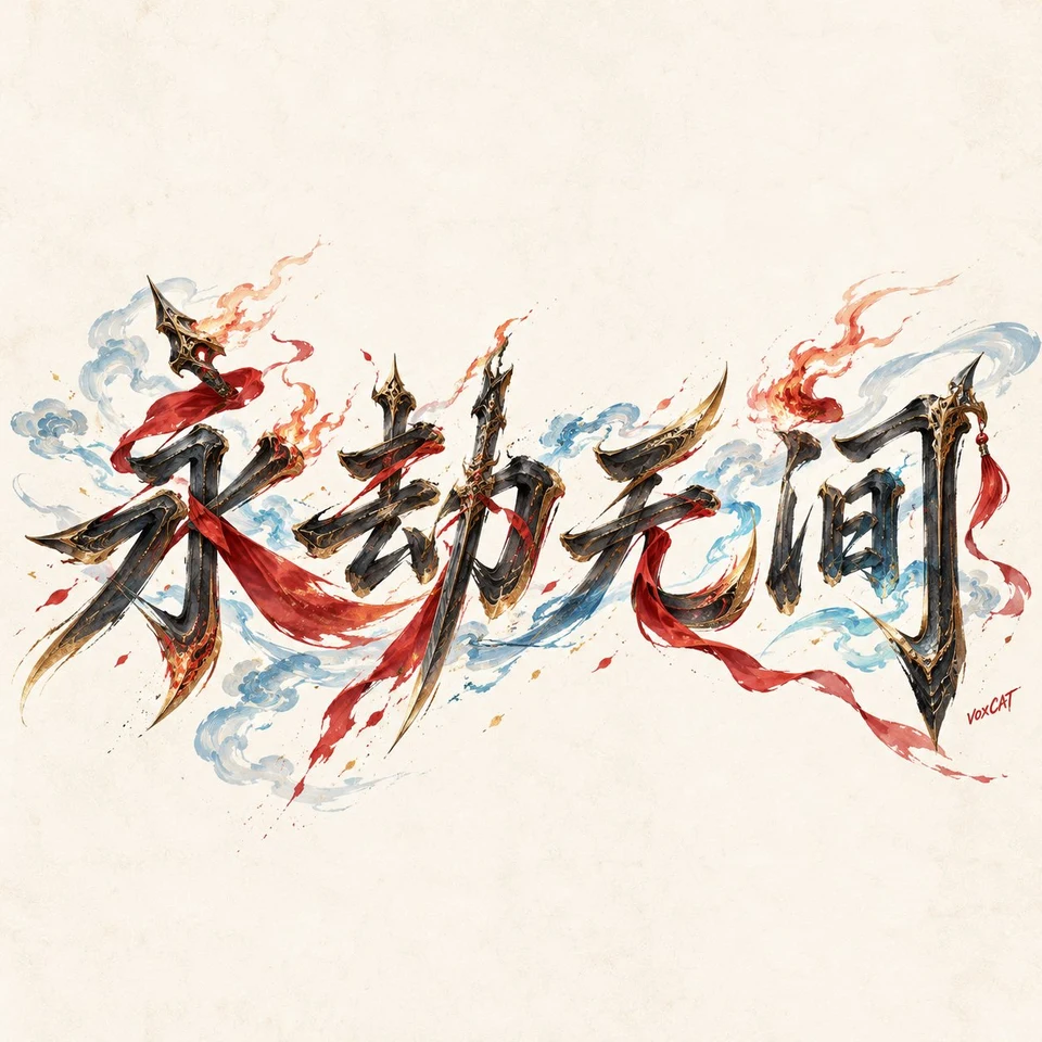 Chinese Decorative Calligraphy Text with Flame and