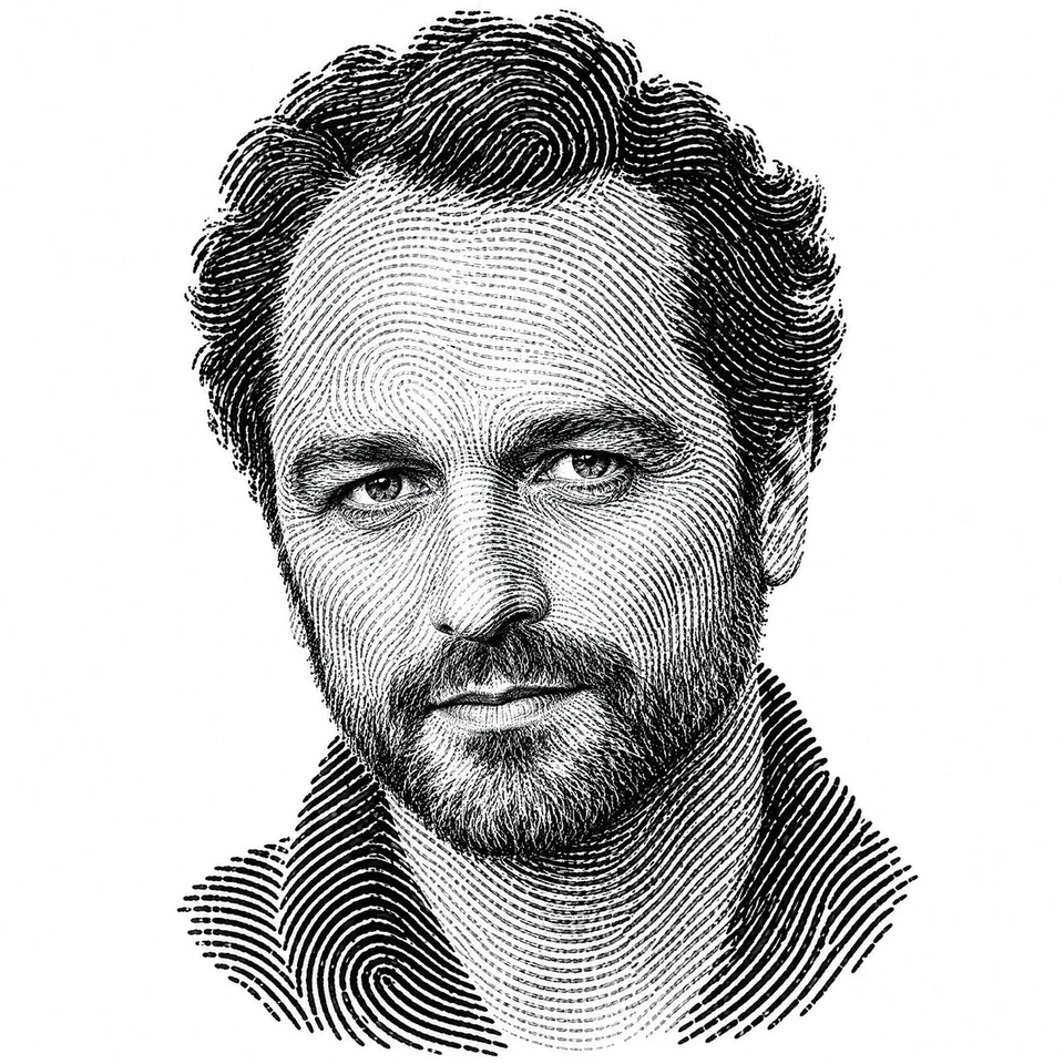 Portrait of Matthew Rhys as biometric fingerprint