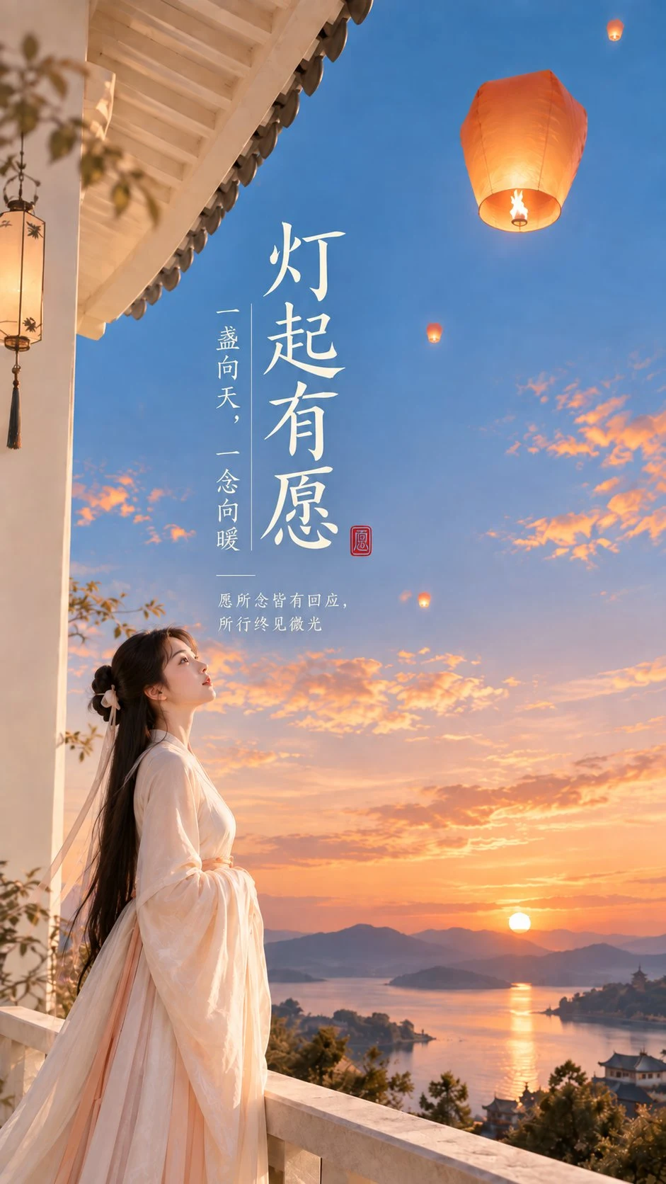 Young Woman in Hanfu Watching Lanterns at Sunset
