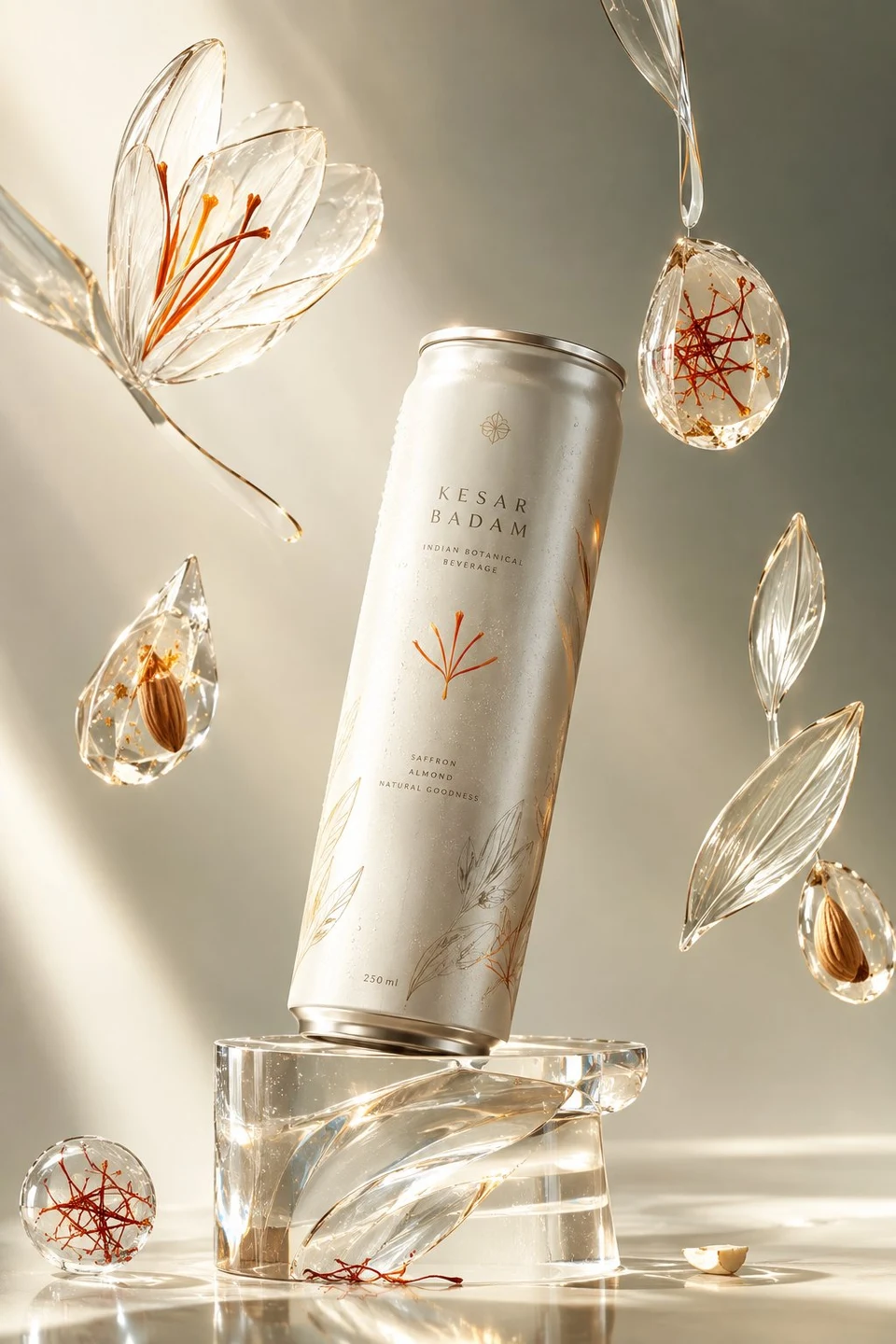 Luxury kesar badam beverage can on crystal pedestal
