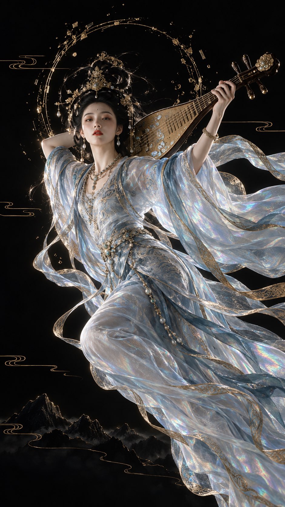 Ethereal East Asian Pipa Musician in Futuristic Silk