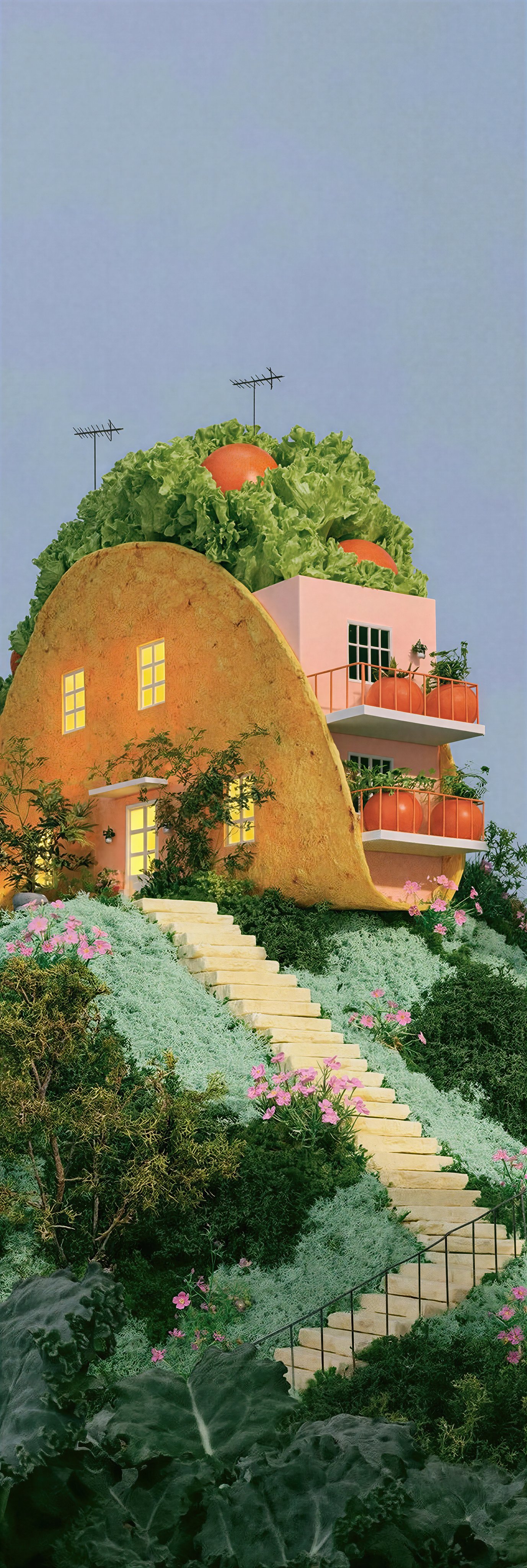 Surreal Taco Shell House on Verdant Hillside with