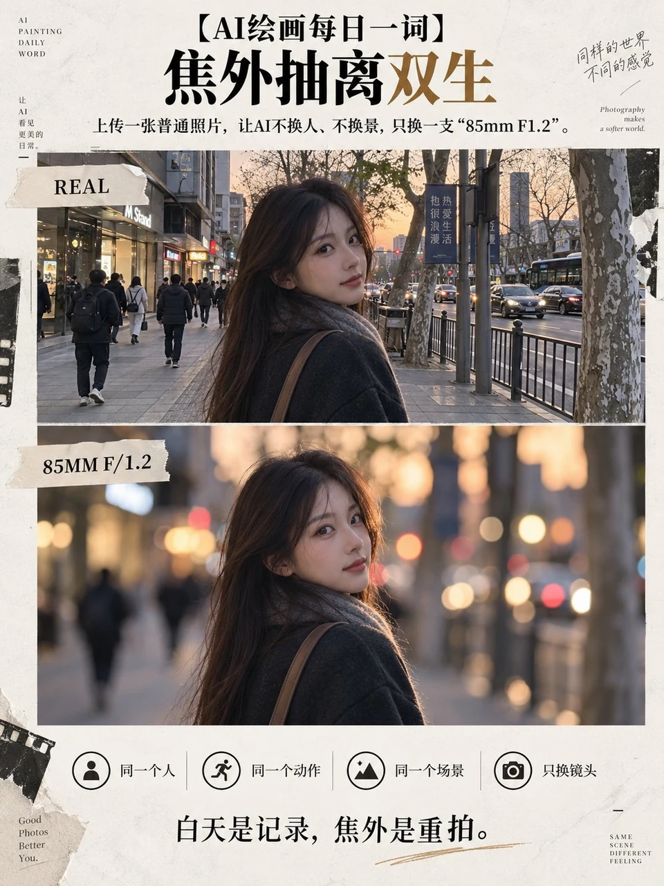 Split portrait comparing smartphone and 85mm F1.2