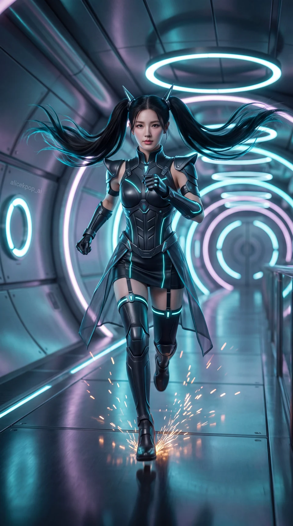 Futuristic Female Runner in Neon Sci-Fi Corridor
