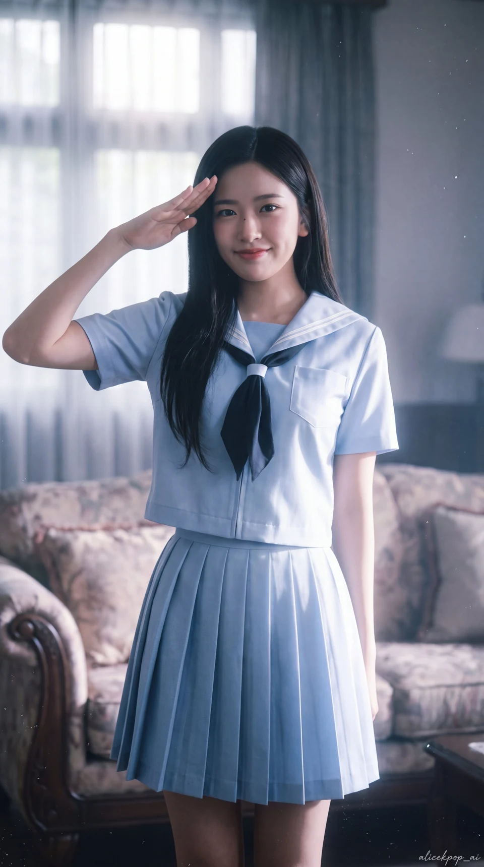 An Yujin in sailor uniform saluting