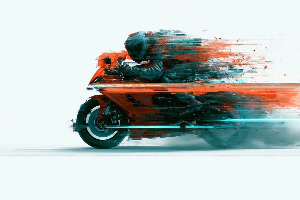 glitch art motorcycle rider orange cyan