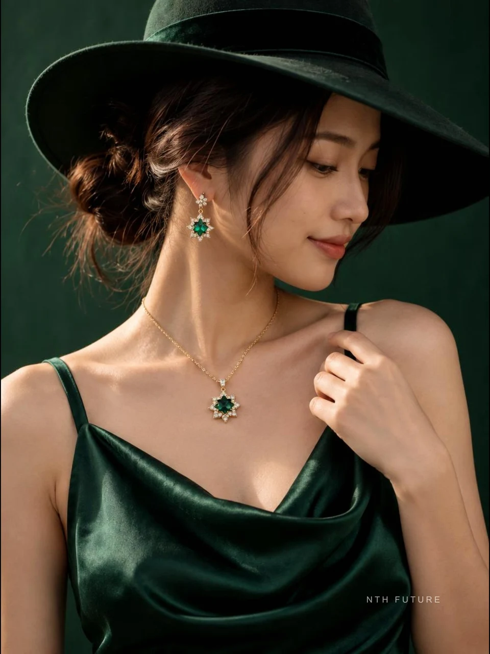 Luxury emerald jewelry portrait woman
