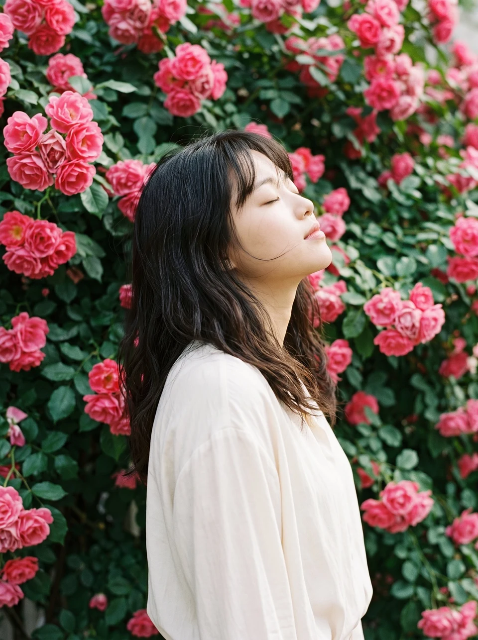 serene woman side profile against pink roses