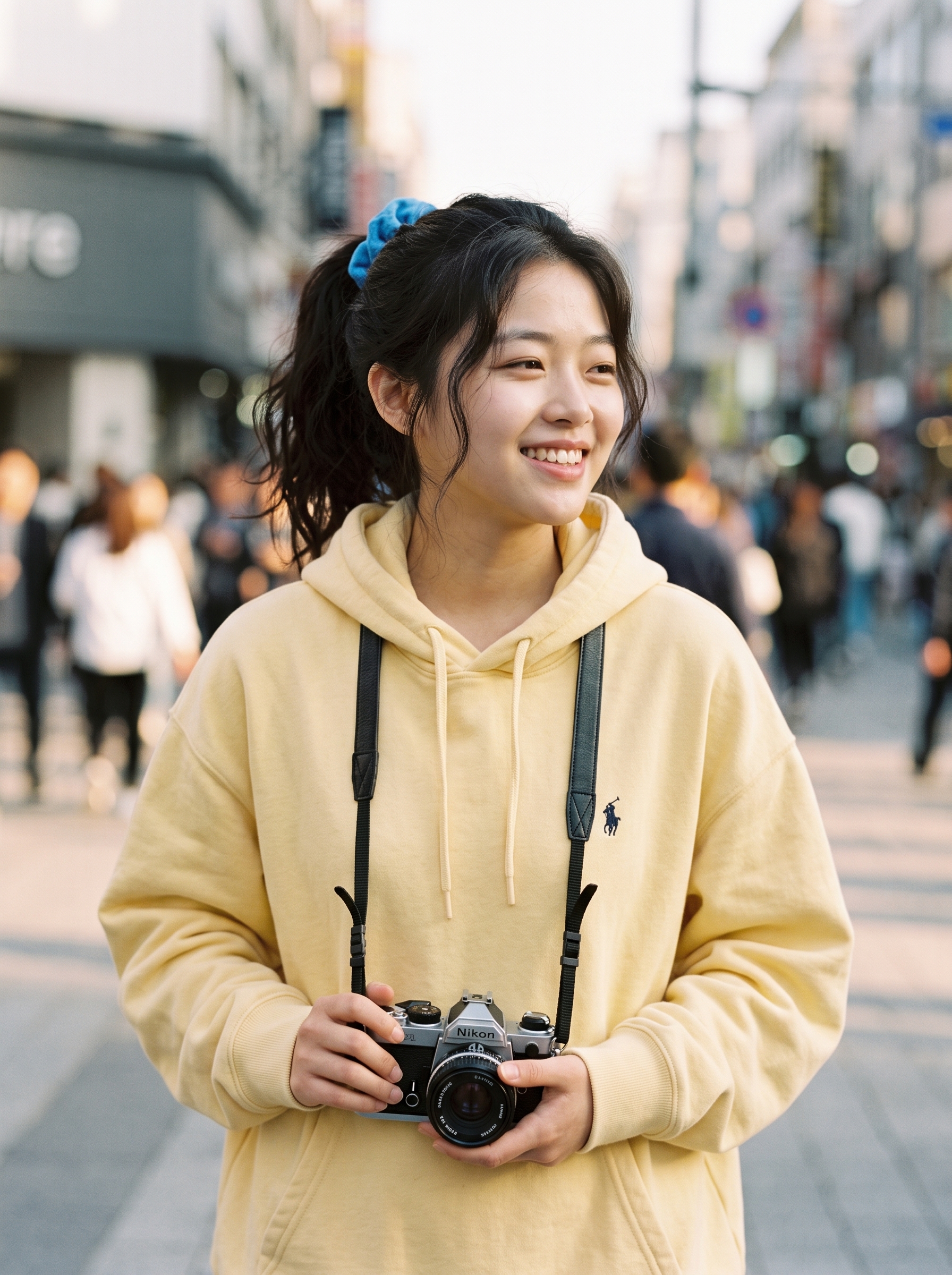 Smiling young woman with camera in yellow hoodie