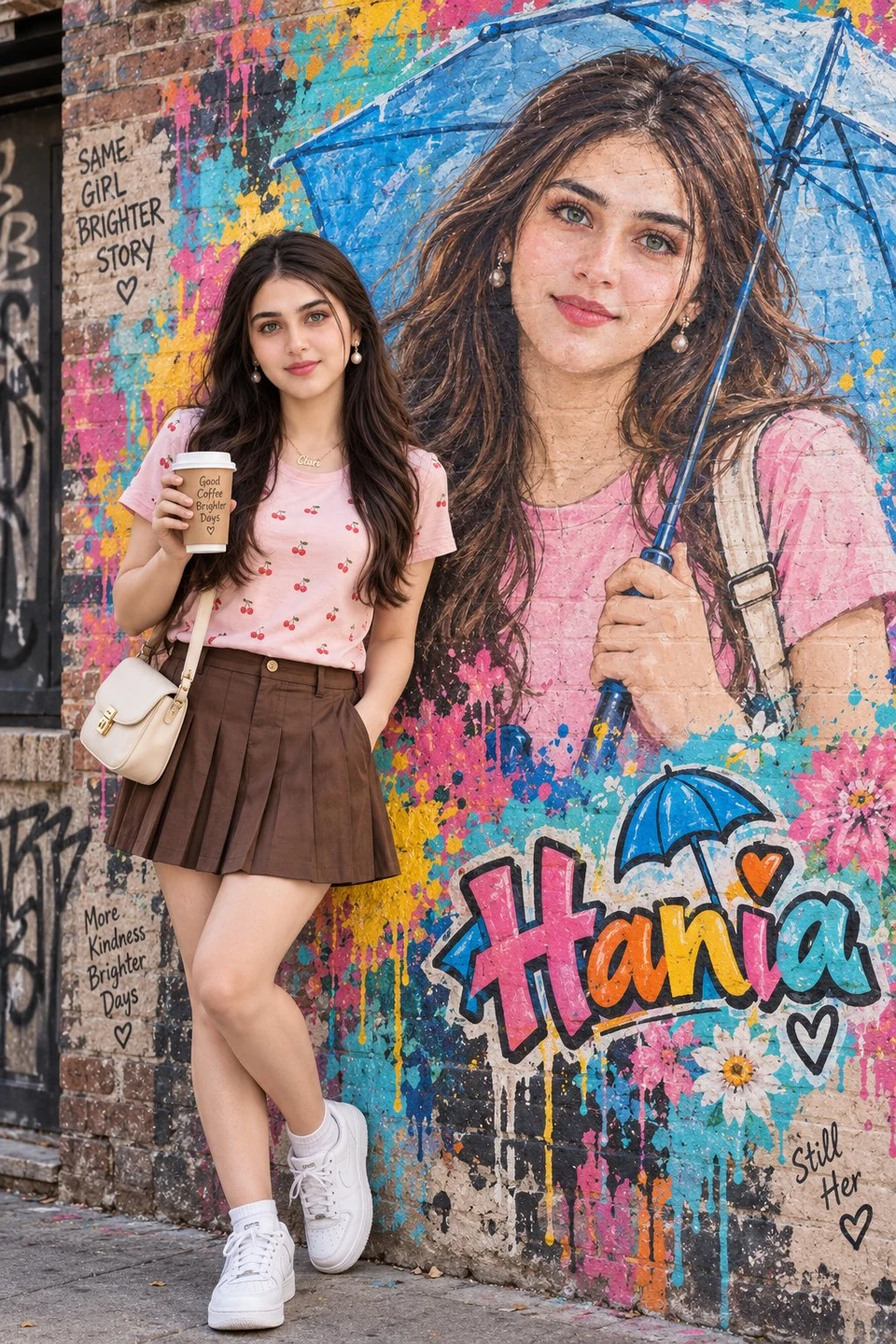 Young woman posing beside colorful portrait mural