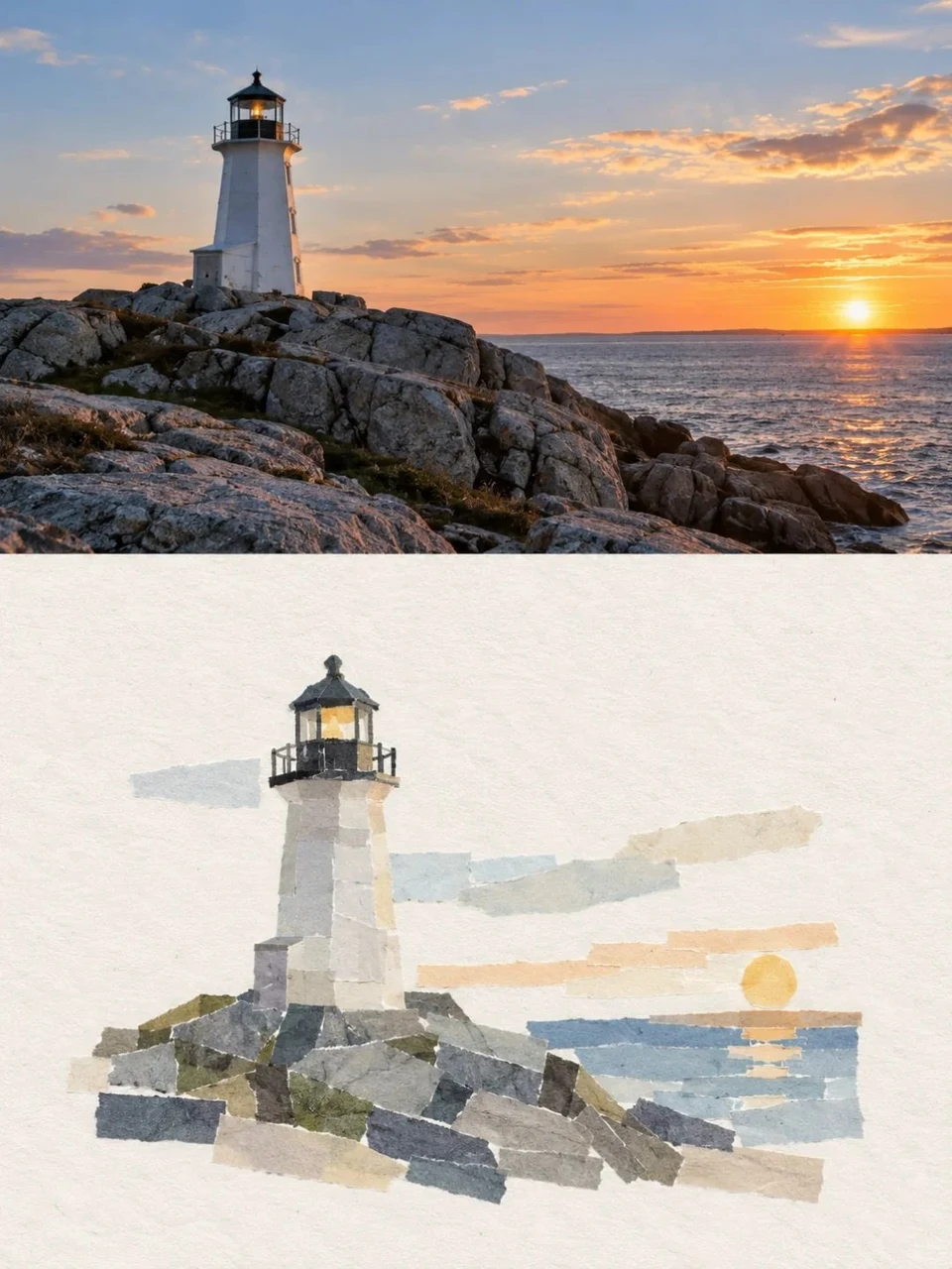 Lighthouse paper tape collage with original sunset