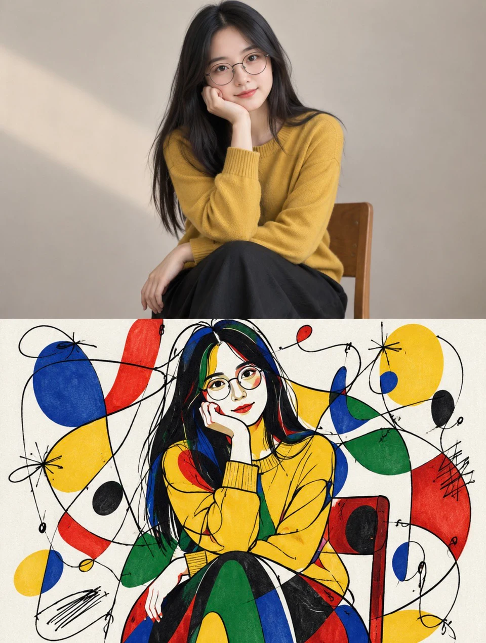 Split portrait of girl in yellow sweater with raw