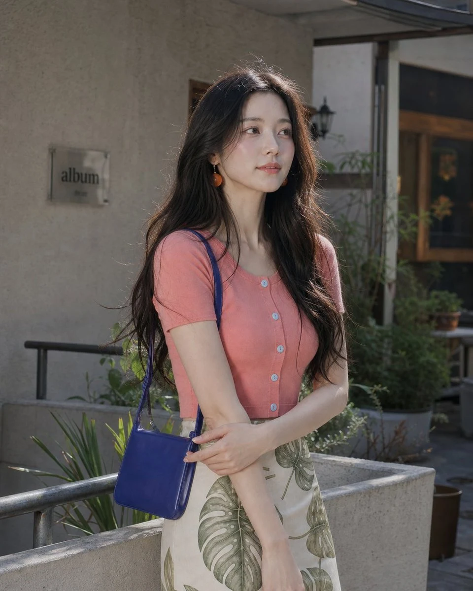 Woman in pink cardigan and leaf print skirt