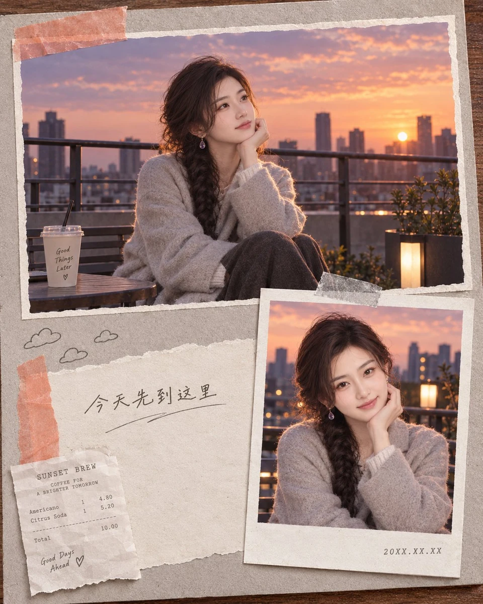 Rooftop sunset photo journal layout with young woman