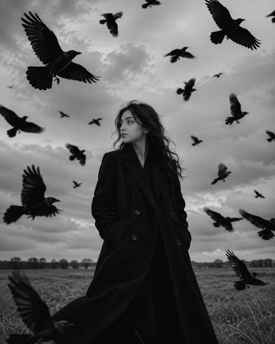 Black and white portrait woman standing in field