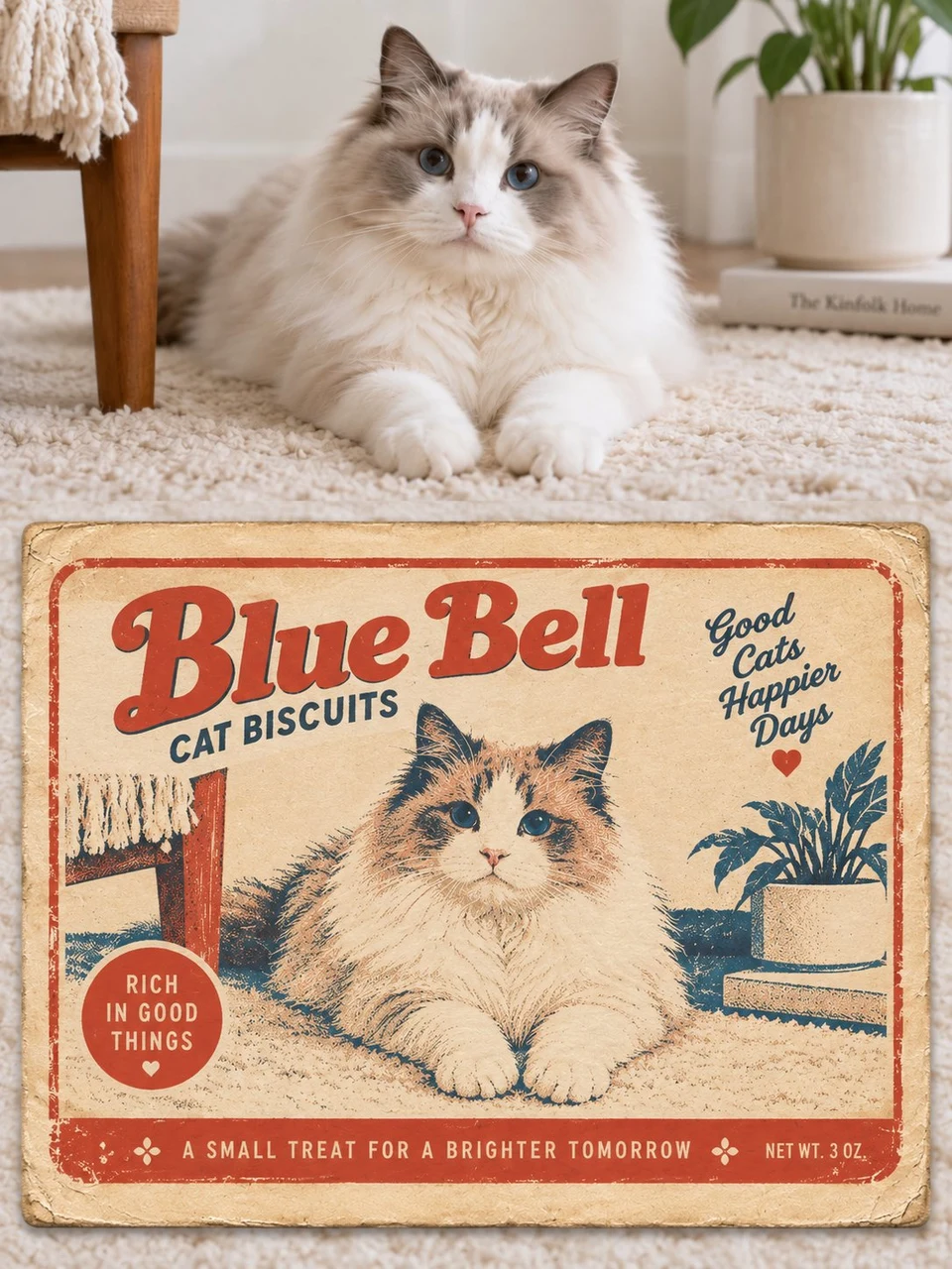 Vintage cat poster with photo and retro illustration