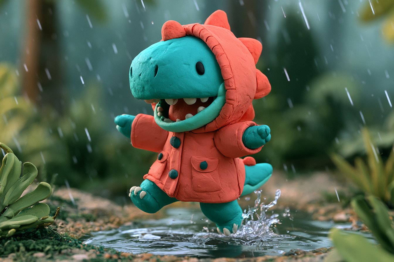 Claymation Dinosaur Splashing in Rainy Forest