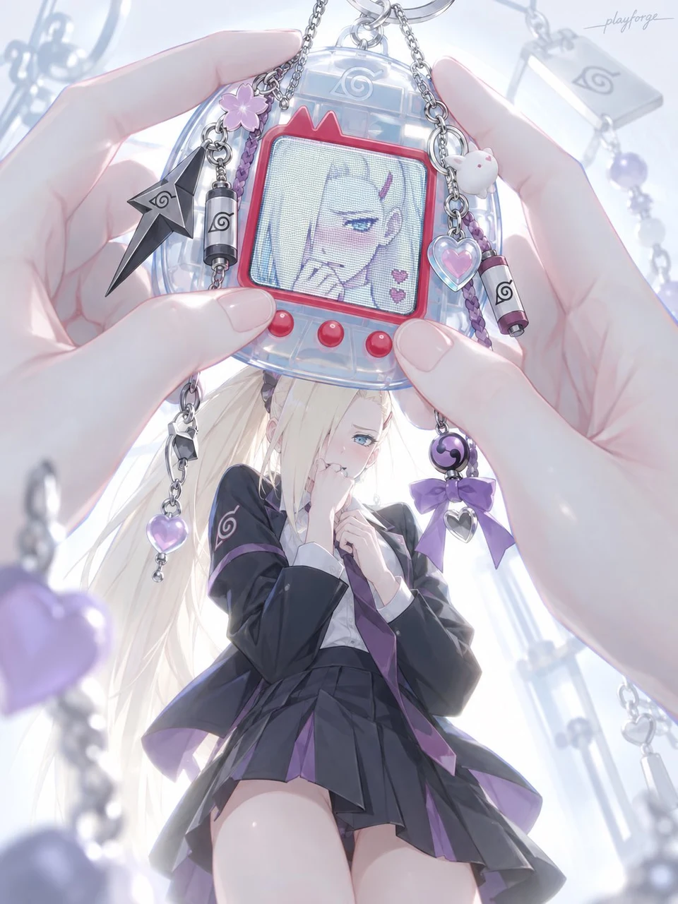 Anime girl holding pixel electronic pet display