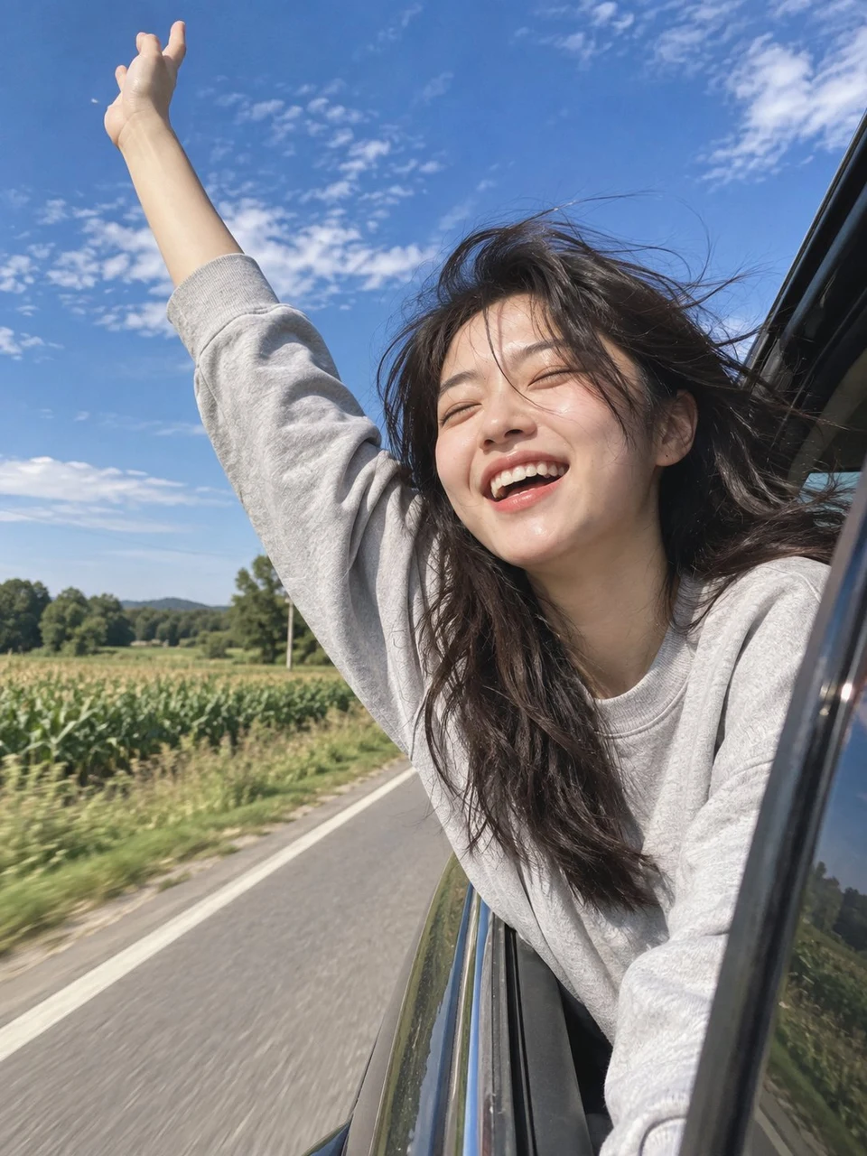 Joyful young woman leaning out of car window on
