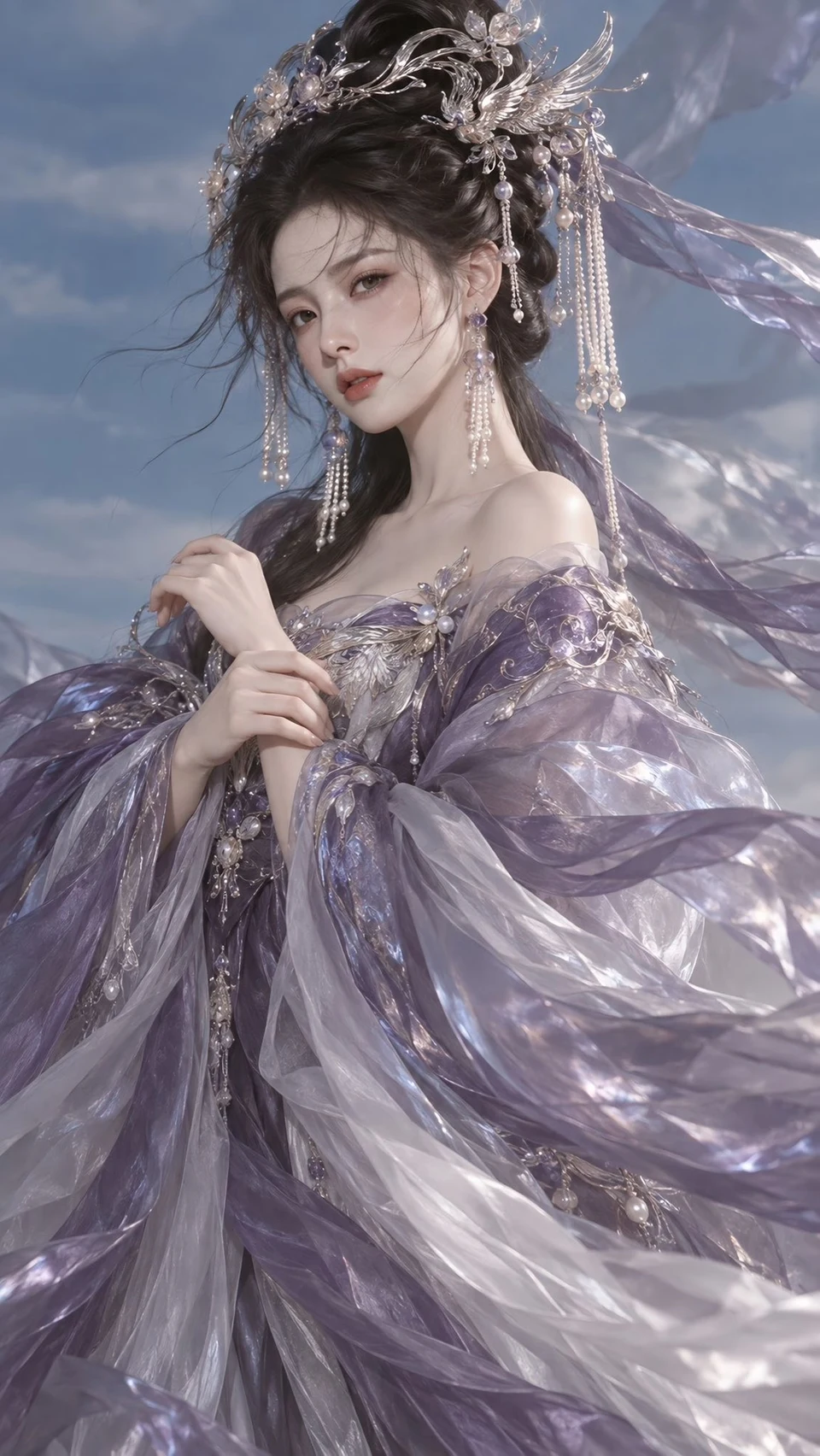 ethereal fantasy goddess in purple flowing gown