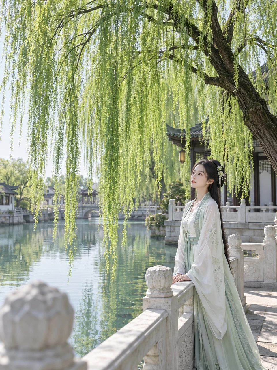 Young Chinese Woman in Hanfu Standing by Willow Tree