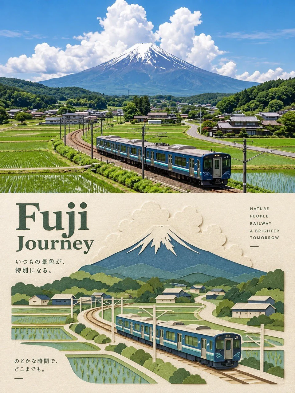 Split-panel Fuji Travel Poster Real Photo and Paper