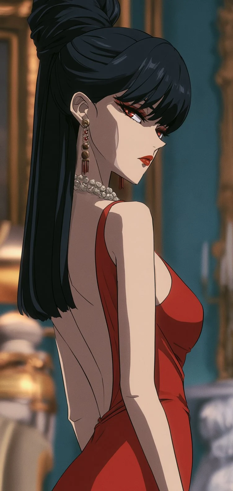 Elegant anime woman in red evening gown with updo