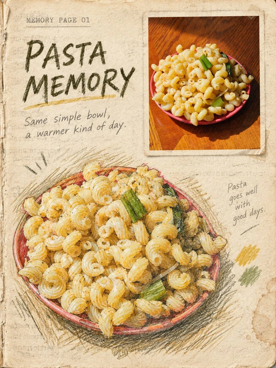 Rustic pasta memory travel journal page with sketch