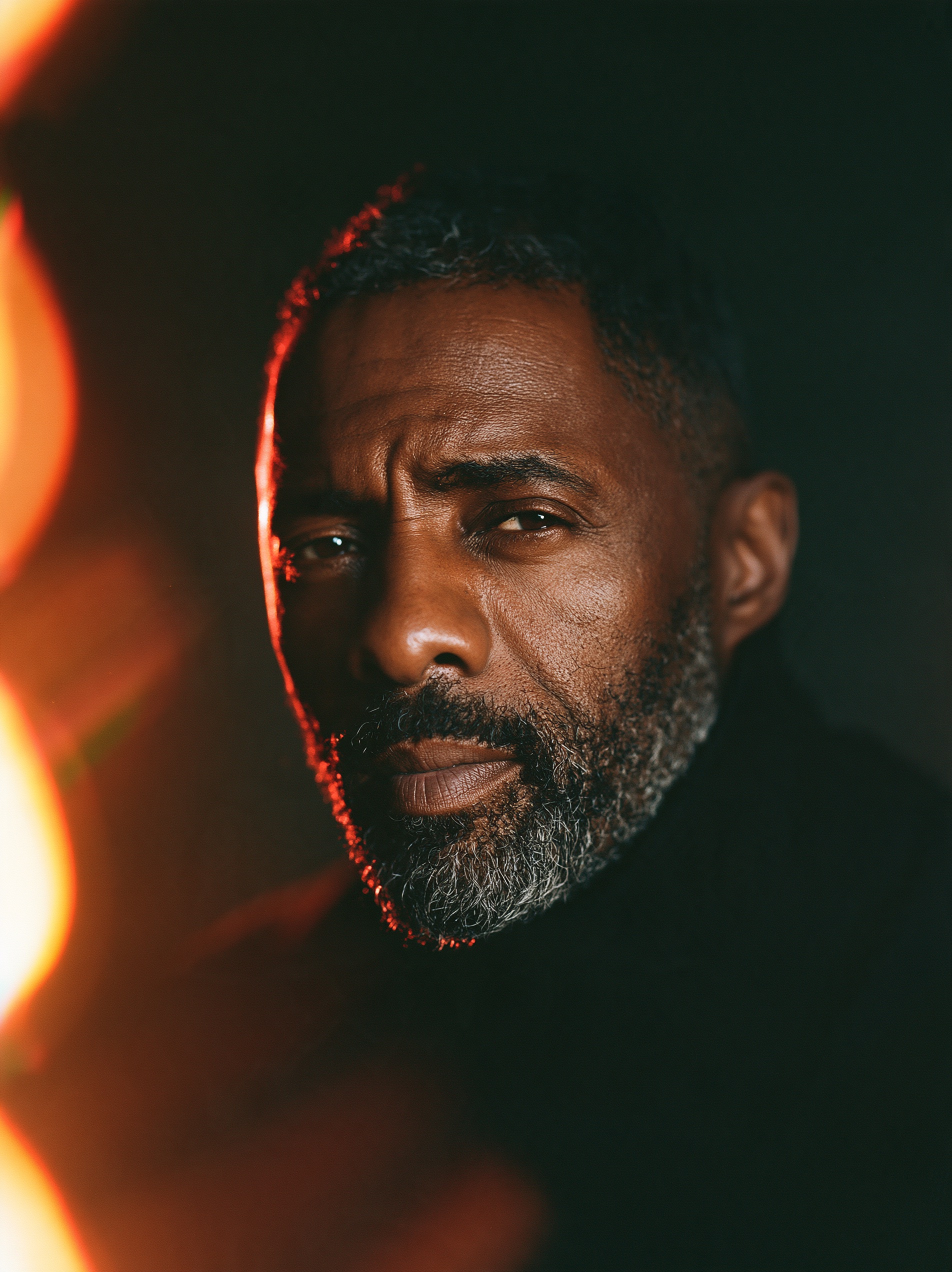 Cinematic portrait of Idris Elba with warm film