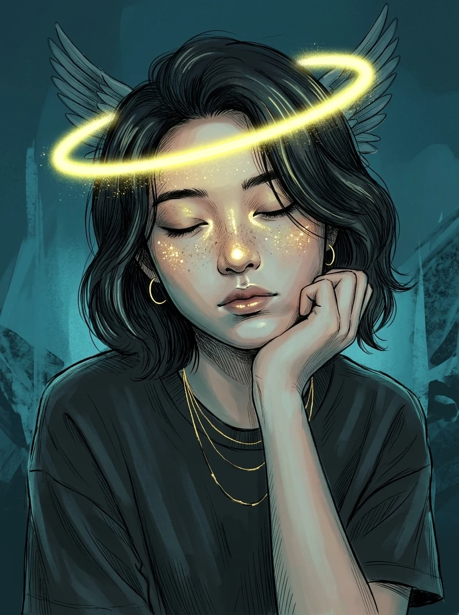 Serene woman with glowing halo and wings digital
