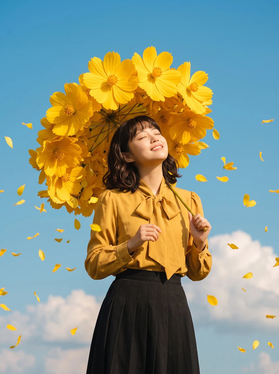 Woman with Cosmos Flower Parasol in Blue Sky