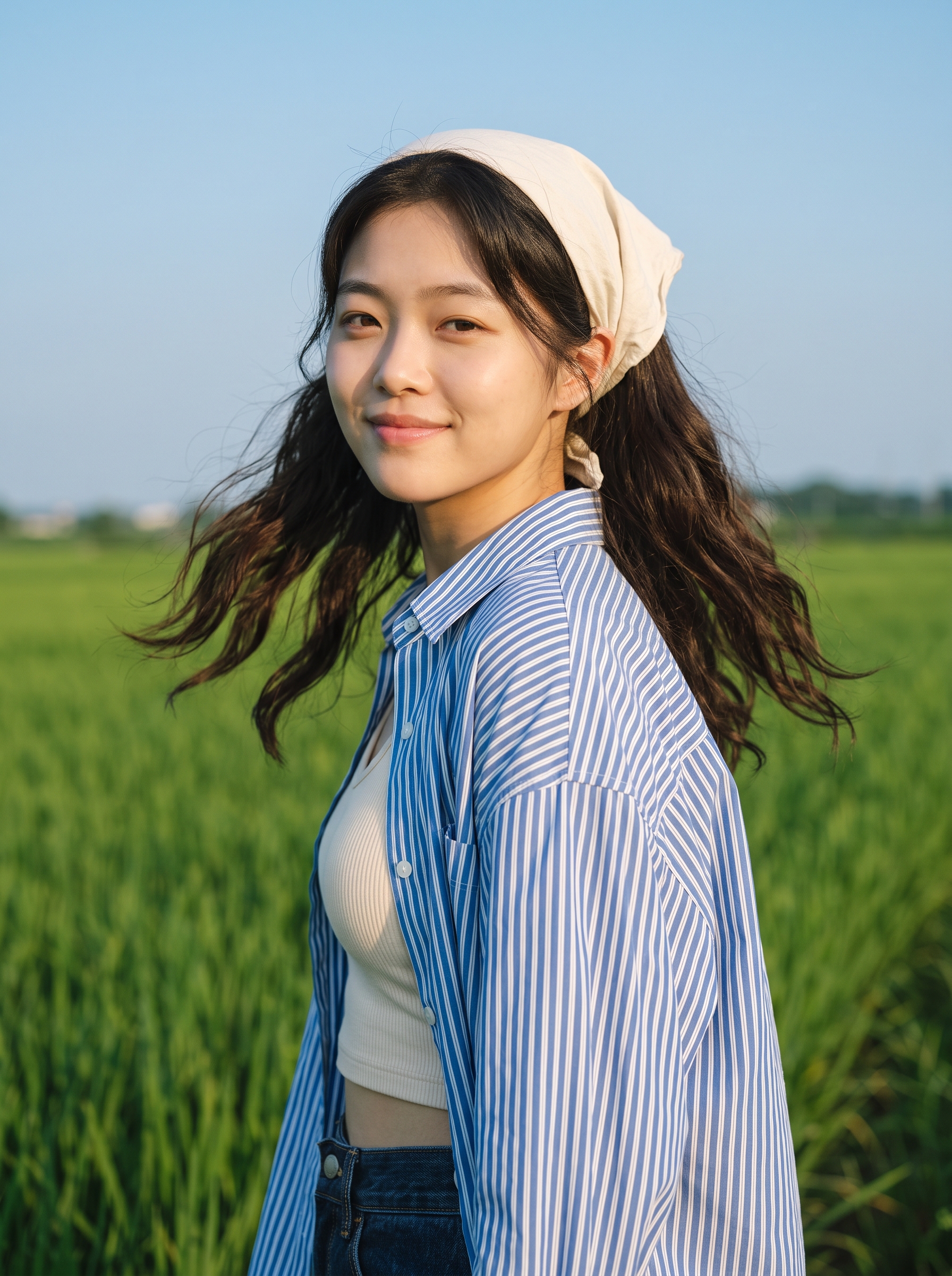 Cinematic portrait of young woman in striped shirt