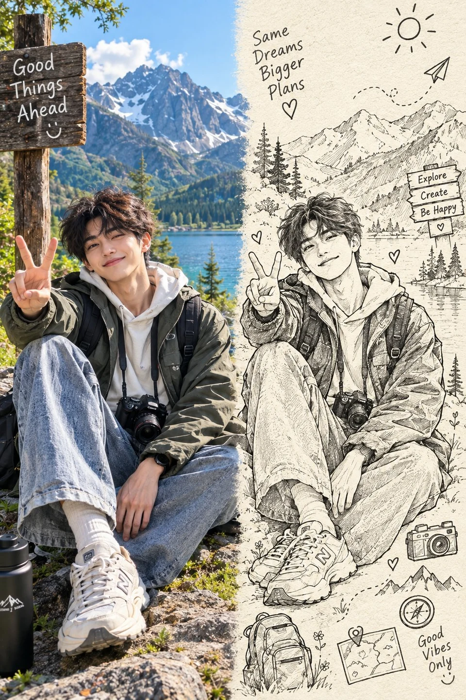 Young male traveler split portrait sketch real