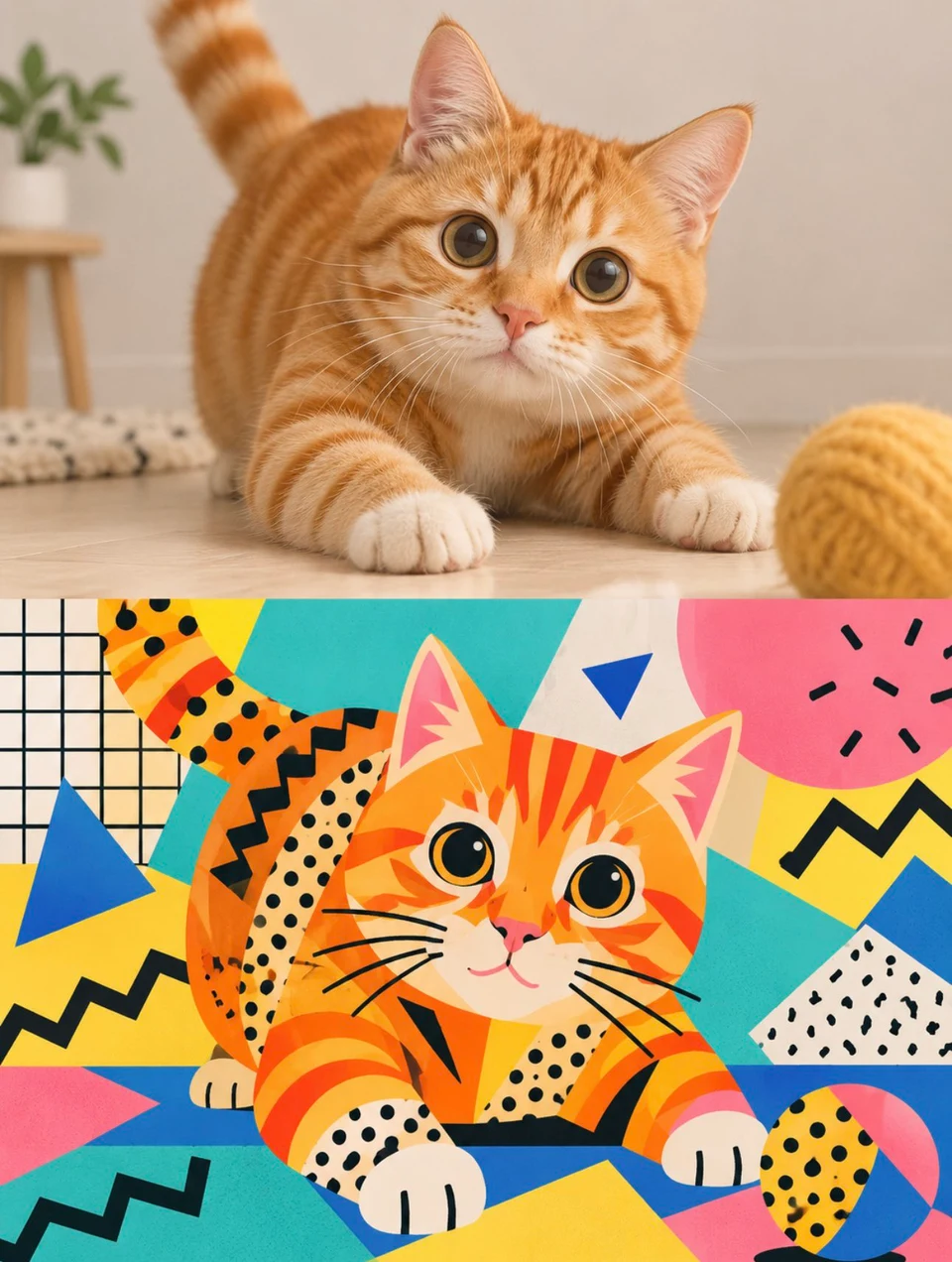 Split vertical illustration of realistic ginger cat