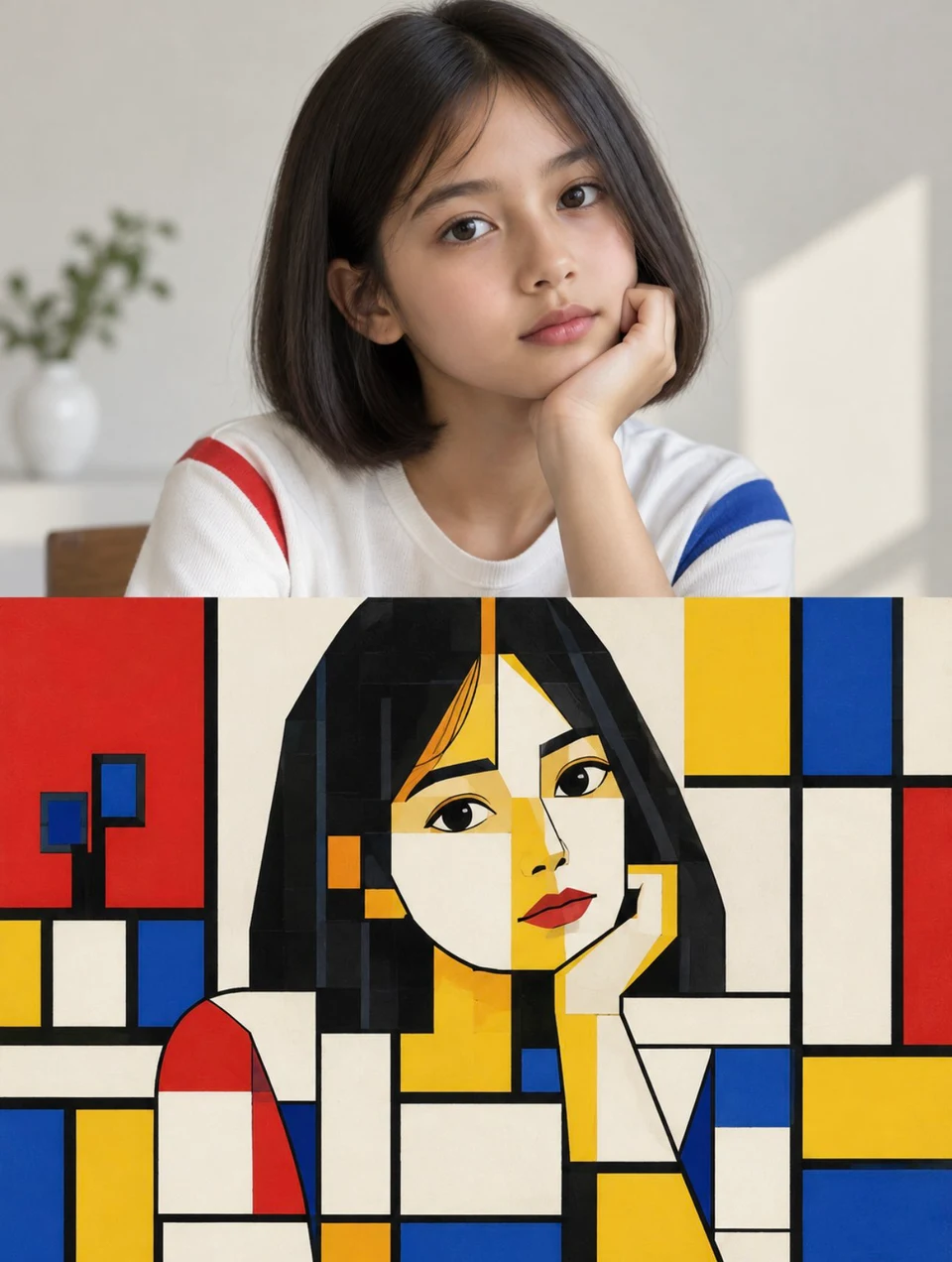 Portrait comparison real and abstract De Stijl style