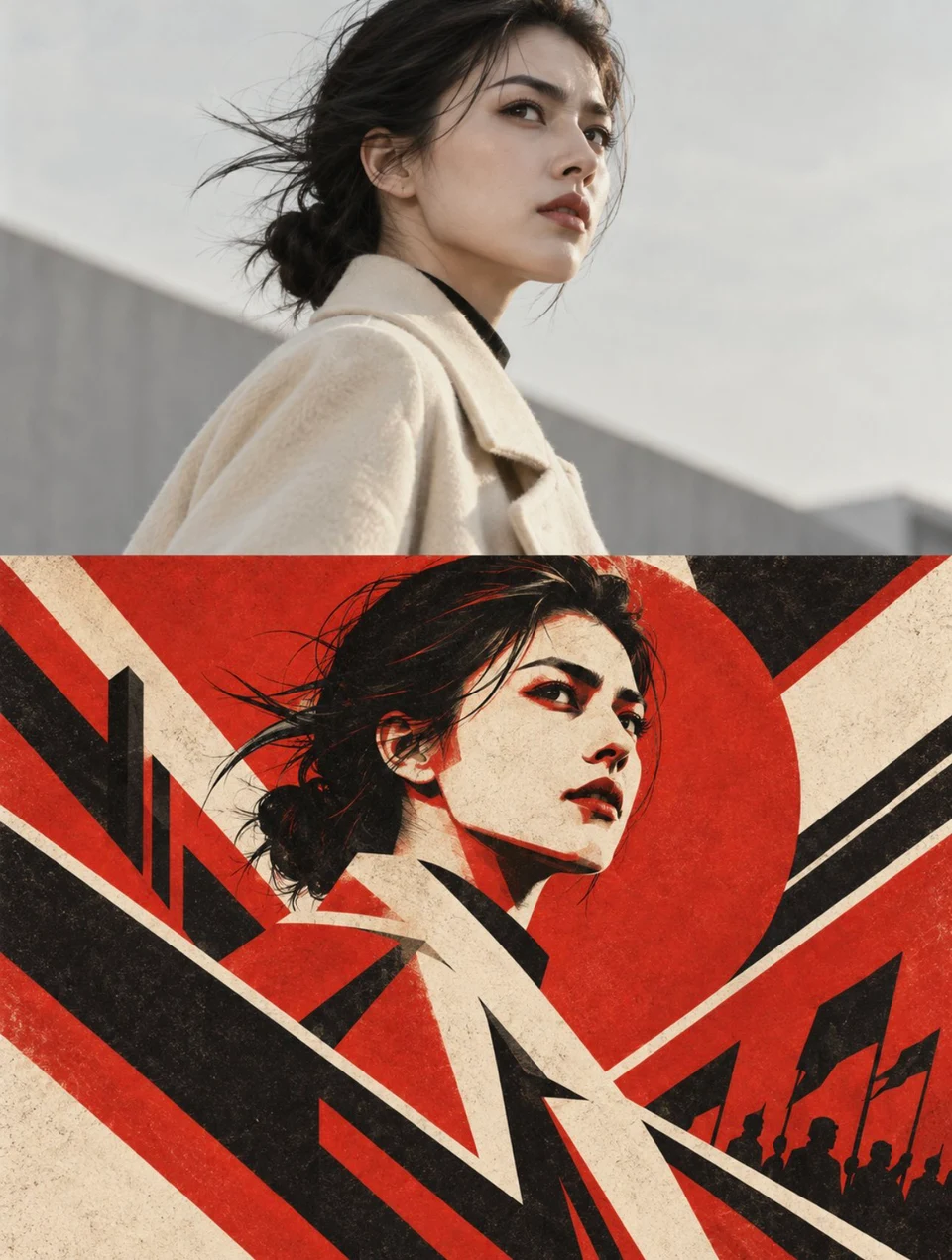 Woman portrait split photo and constructivist
