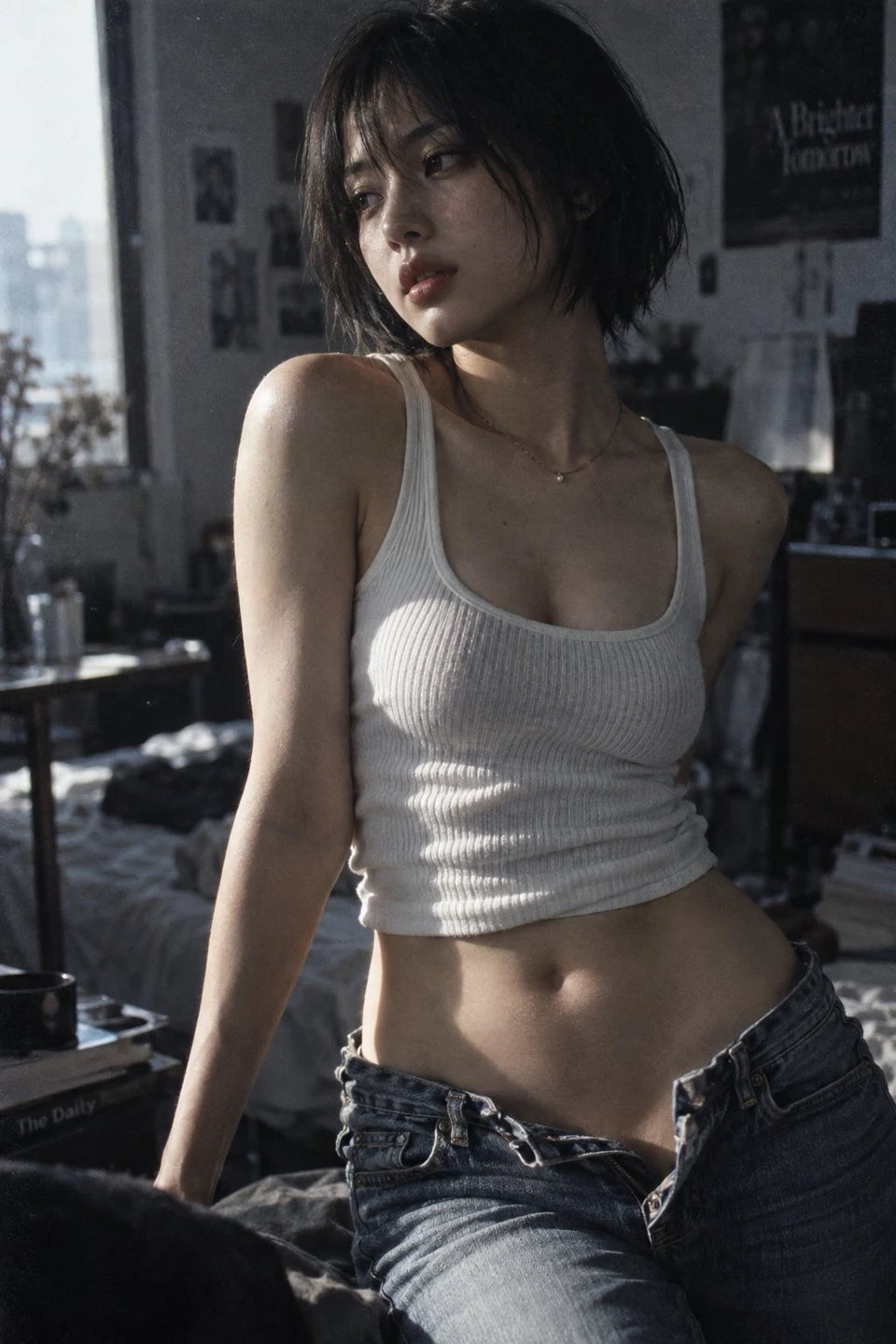 Cinematic portrait of young Japanese woman in white
