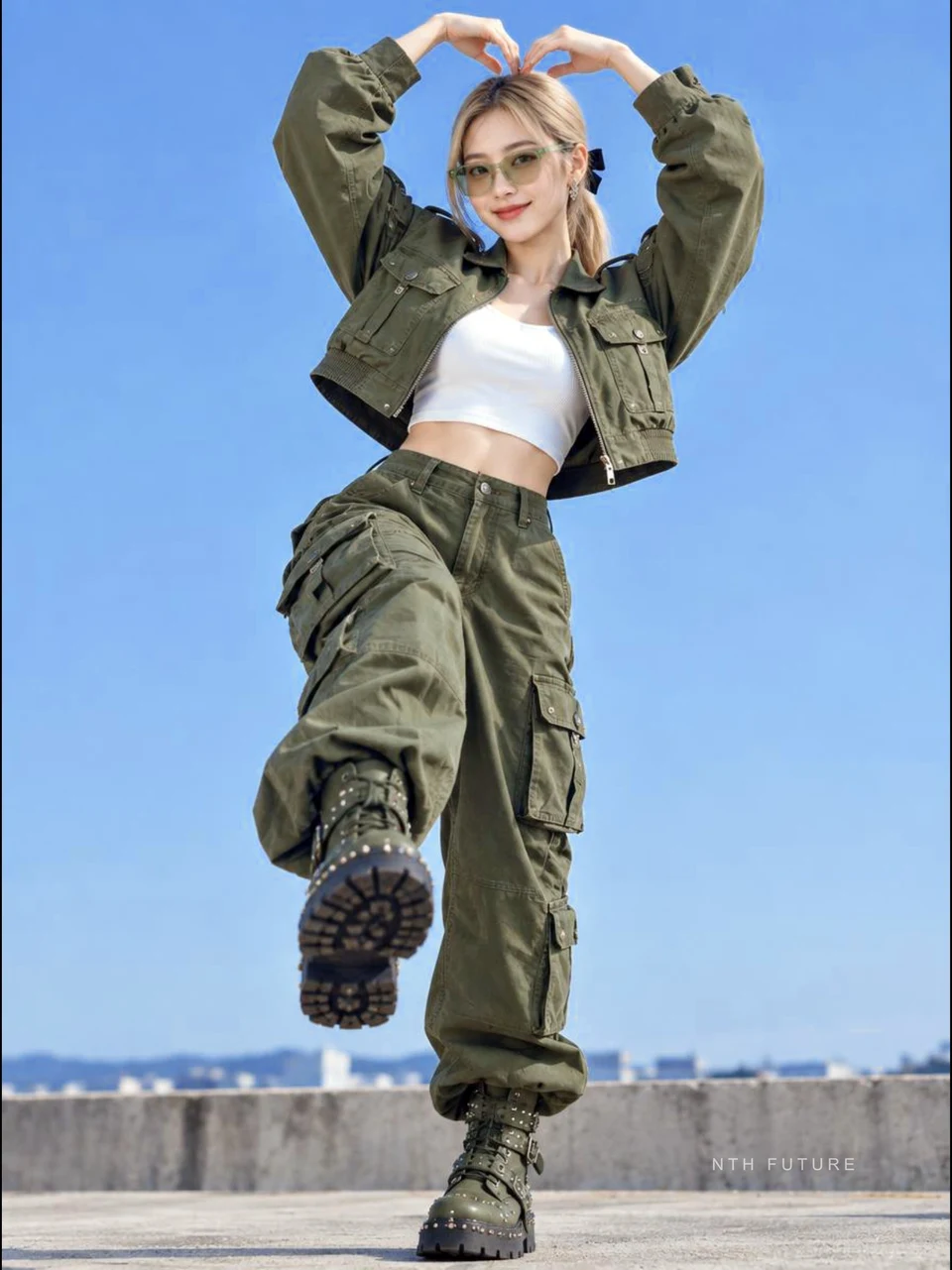 full-body fashion portrait against clear blue sky