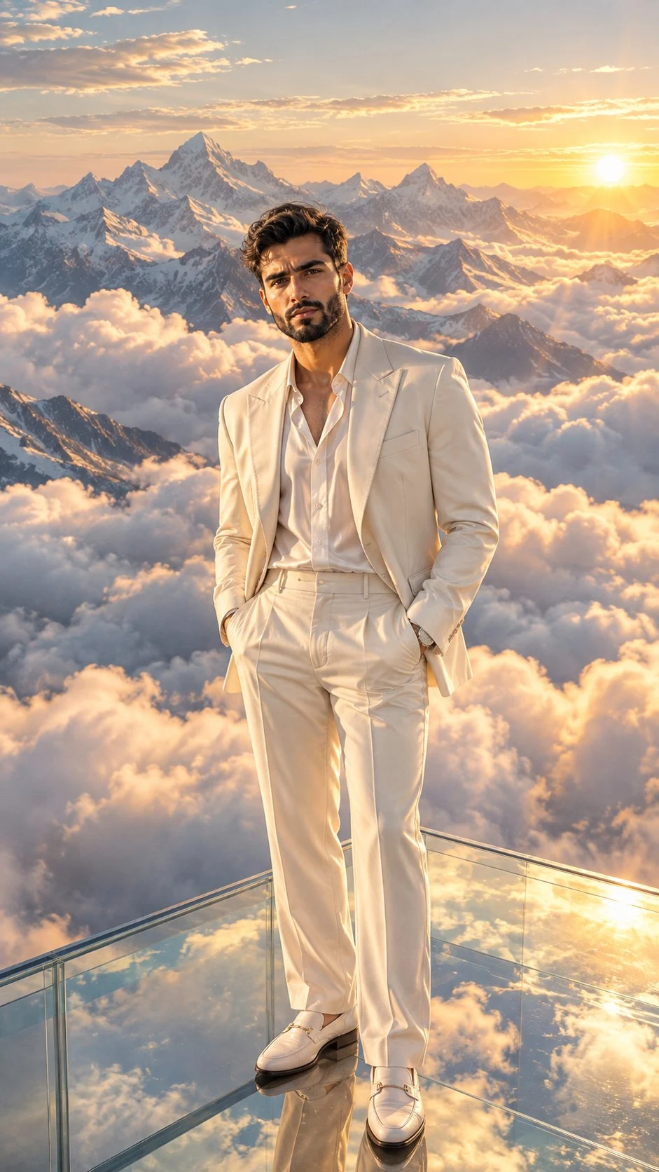 handsome man in cream suit standing on glass