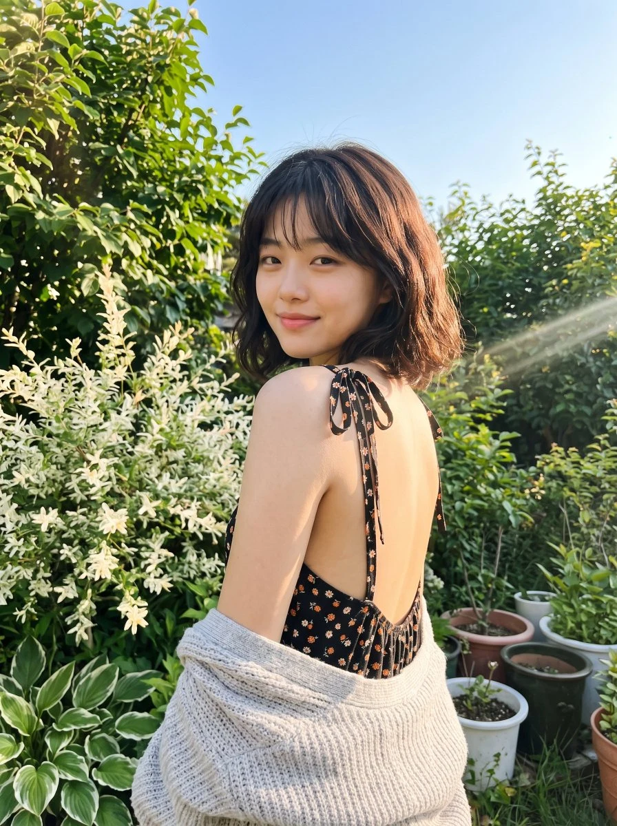 young woman in floral sundress backless outdoor
