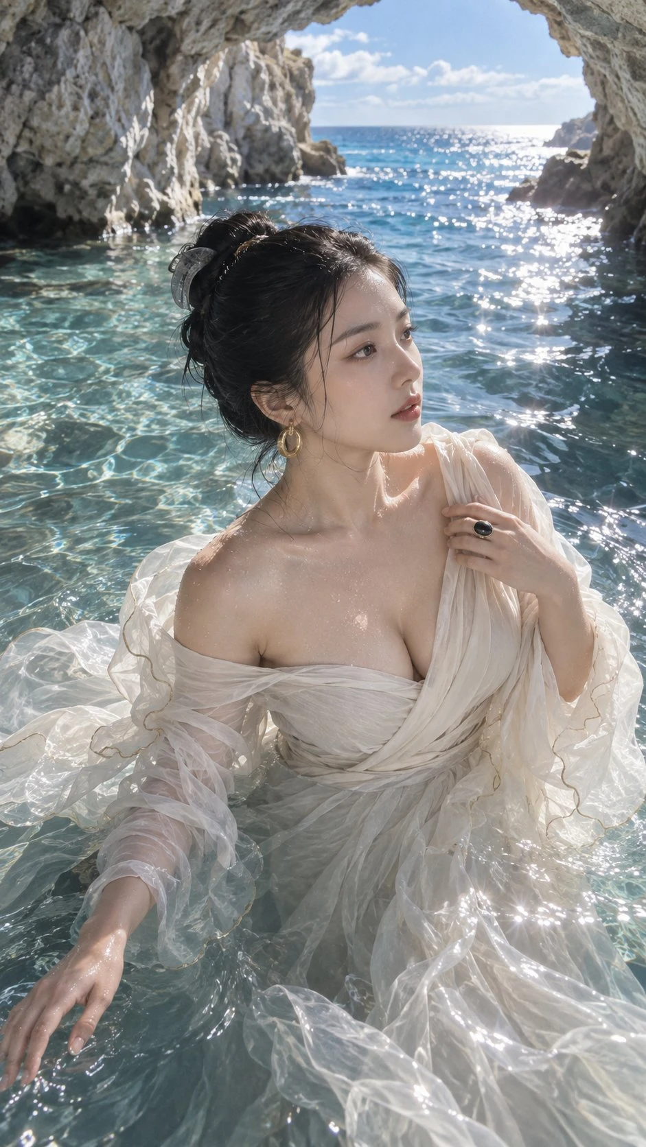 Elegant Woman in Flowing Dress at Sea Cave Entrance