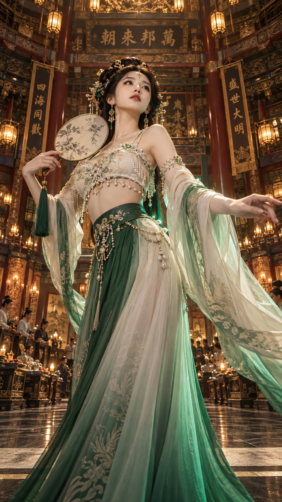 Elegant Chinese Dancer in Green and Ivory Hanfu