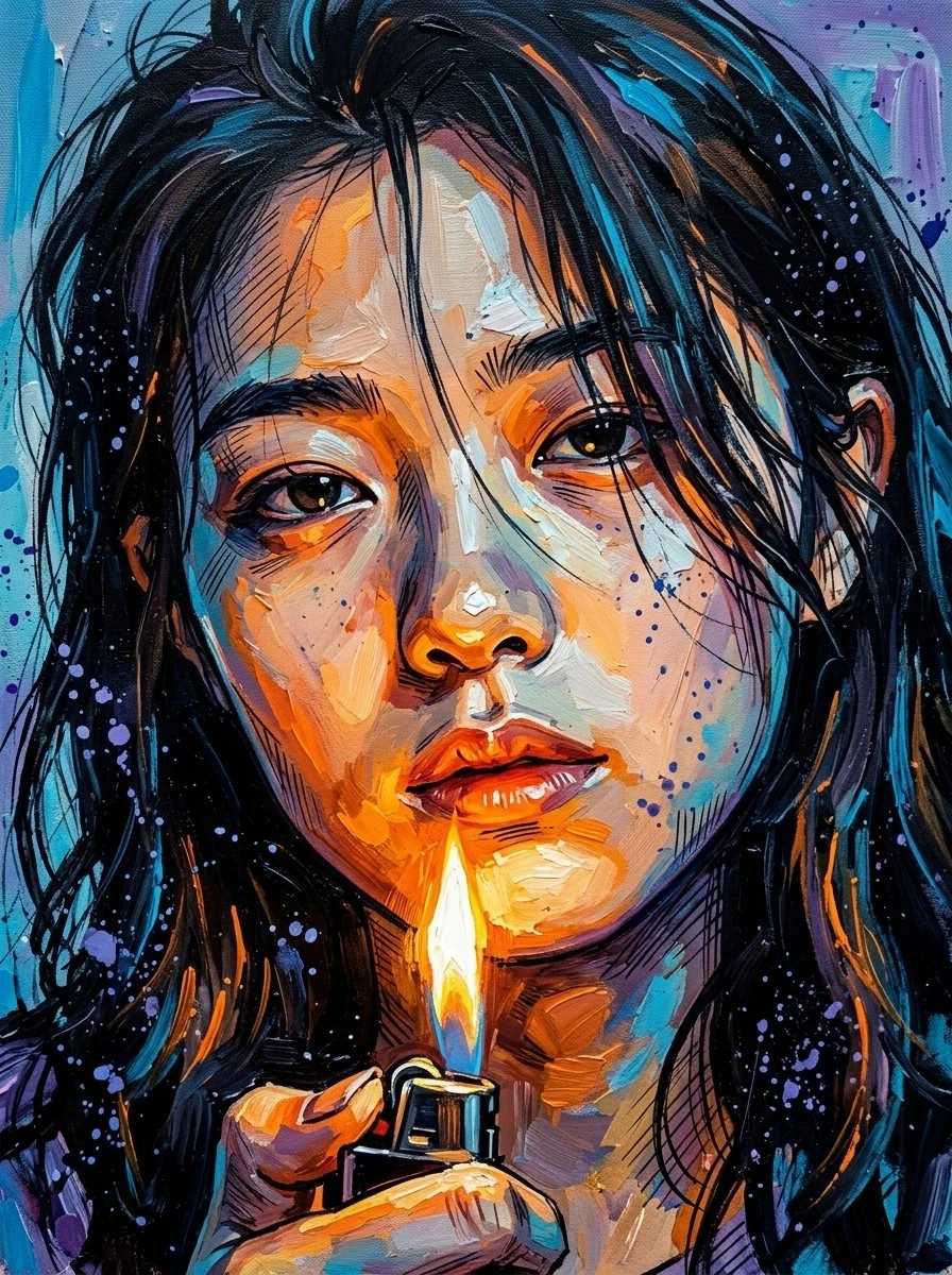 Portrait of a woman with a lighter expressionist oil