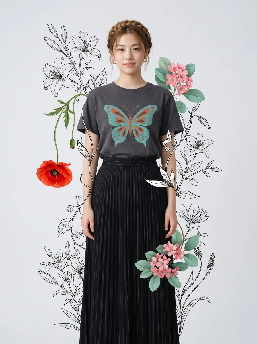 Fashion editorial portrait of a woman in butterfly