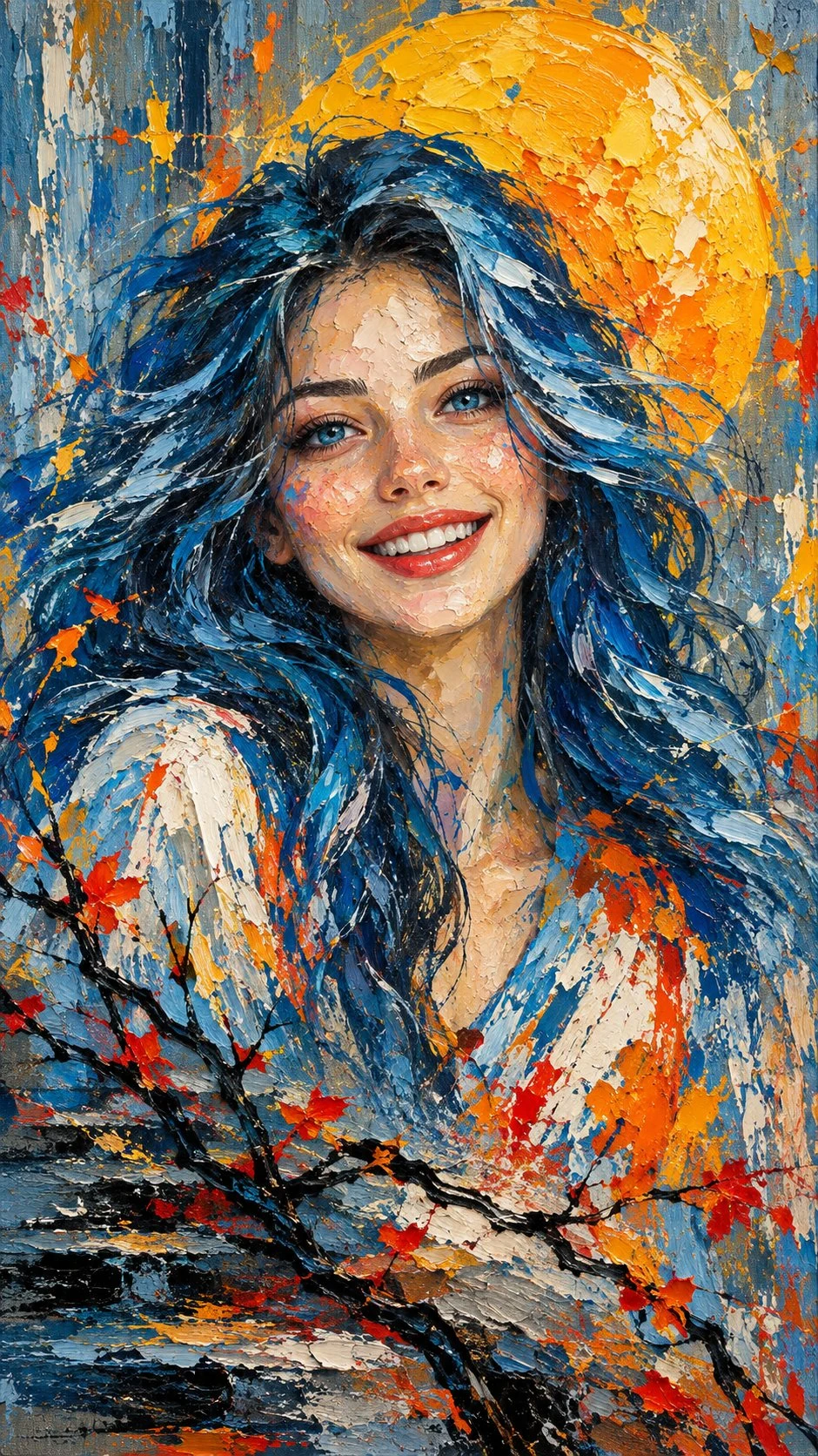 Vertical oil painting portrait of smiling woman with