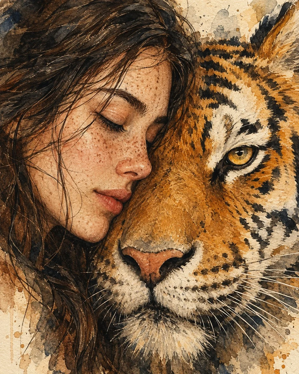 watercolor portrait of woman resting against tiger