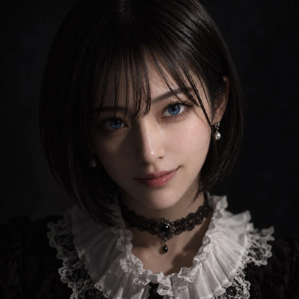 Japanese woman with black hair blue eyes gothic