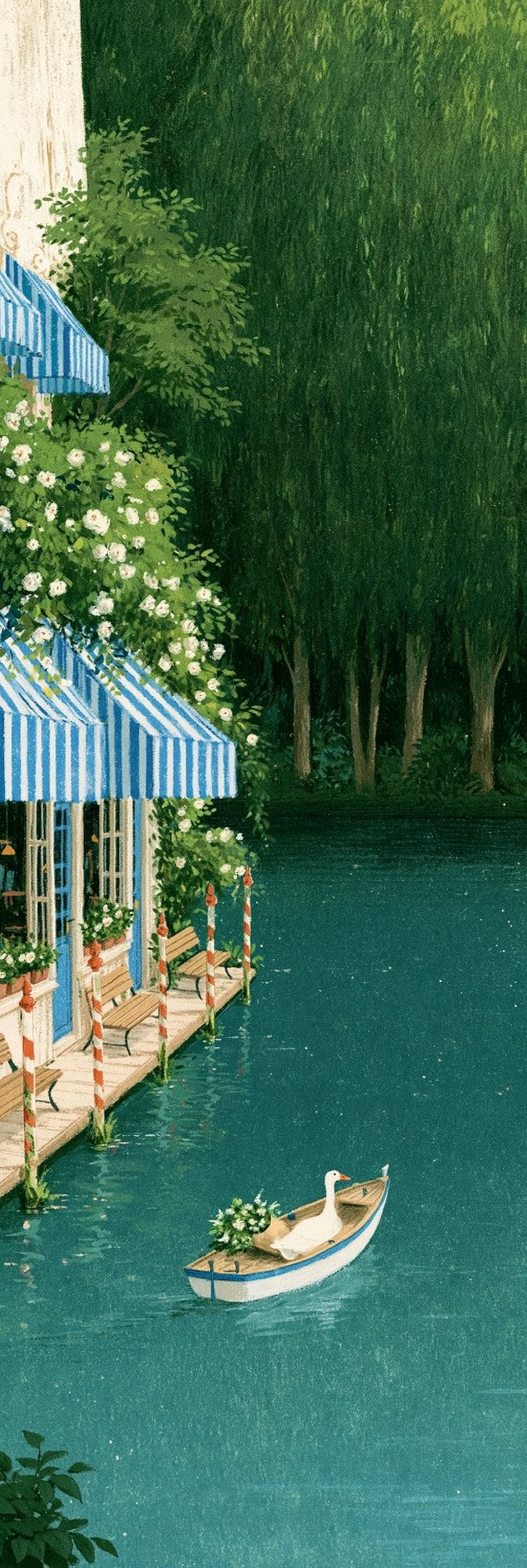 illustrated waterside café with striped awnings and