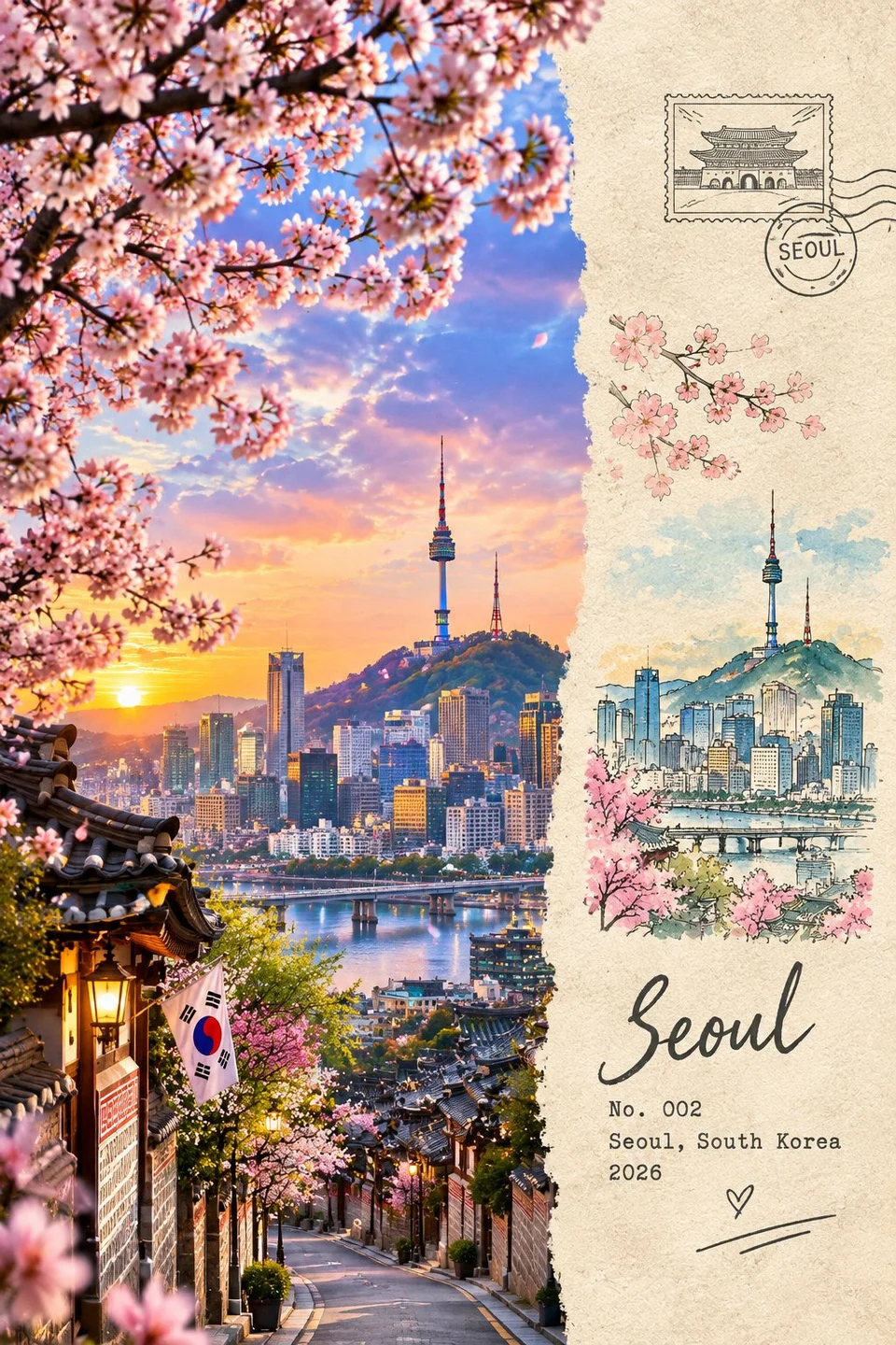 Split travel postcard of Seoul N Seoul Tower with
