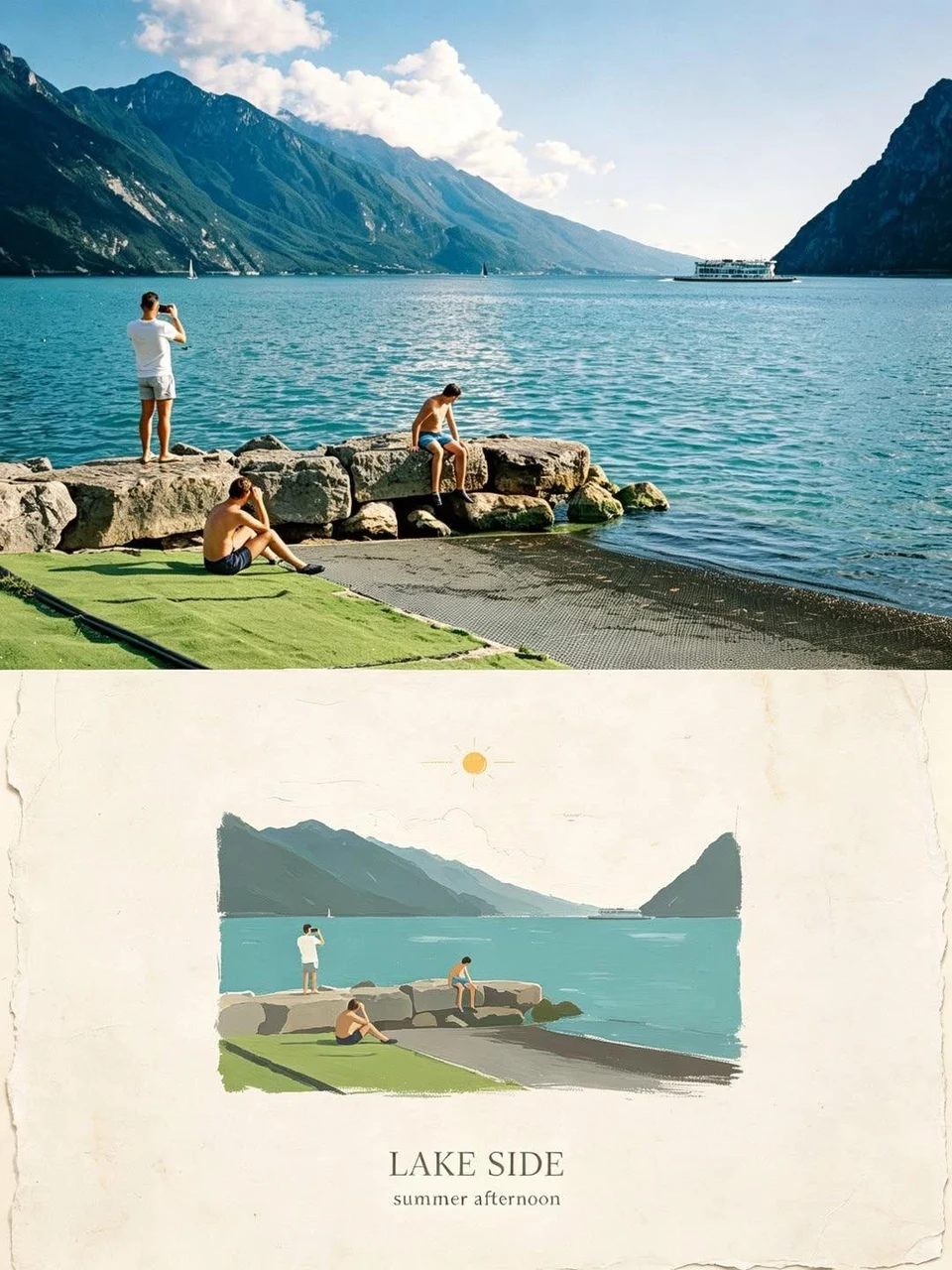 lake side summer afternoon vintage poster